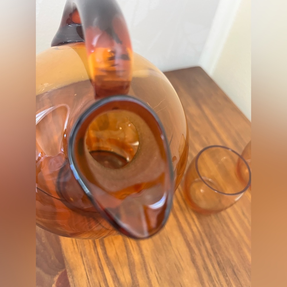 Vintage Cambridge Amber Glass Tilt Ball Cordial Decanter w/2 Glasses - Picture 9 of 13